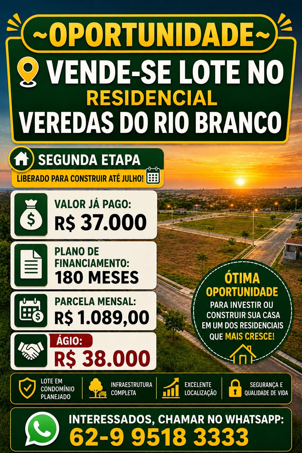 VENDE-SE LOTES NO RESIDENCIAL VEREDAS DO RIO BRANCO