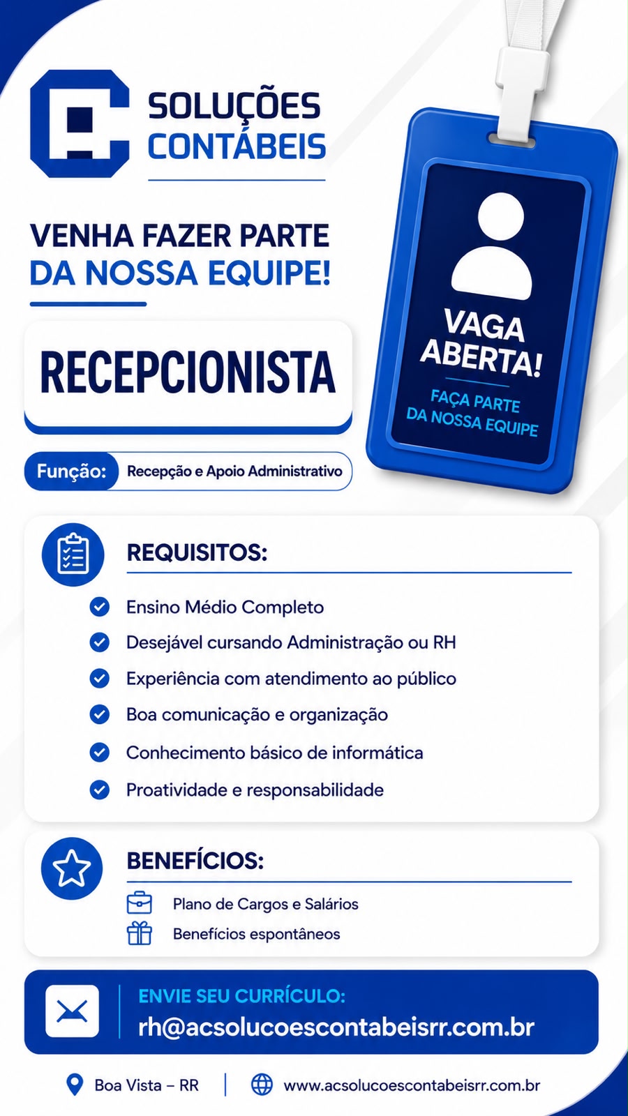 VAGAS DE EMPREGO RECEPCIONISTA